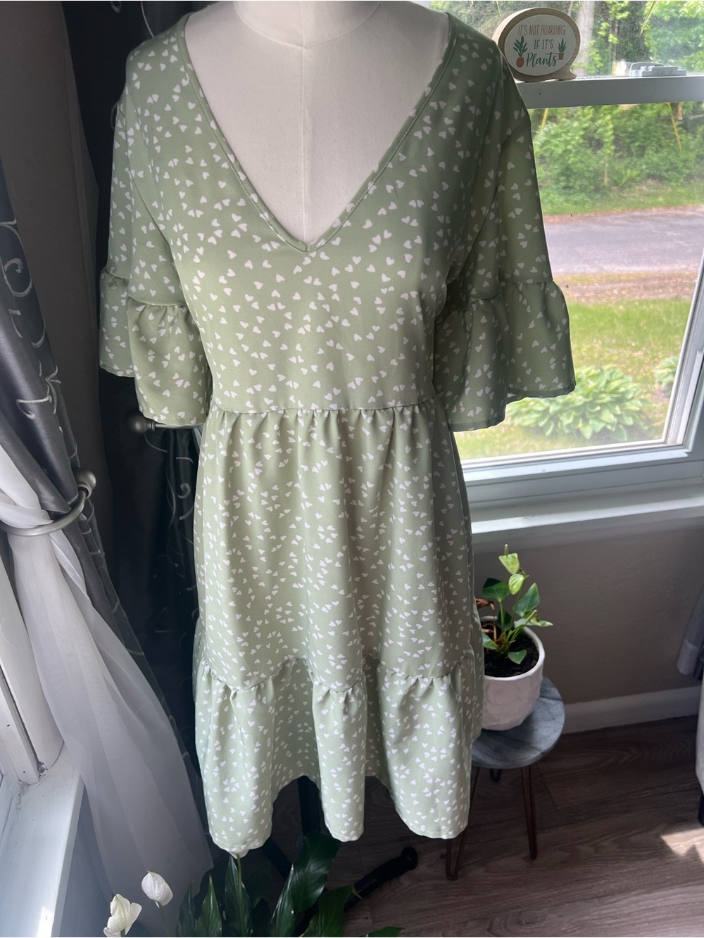 Heart print Green V-Neck Tiered Ruffle Midi Dress